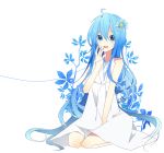  blue_hair dress flower hair_down hair_flower hair_ornament hatsune_miku long_hair simple_background smile sundress tapa very_long_hair vocaloid 