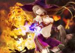  bad_id black_hair bracelet breasts bridal_gauntlets brown_hair cleavage closed_eyes duo explosion eyes_closed fire frills garter_straps hat highres hmk84 jewelry long_hair looking_back original skirt thighhighs witch witch_hat 