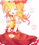  ^_^ ascot bad_id blonde_hair closed_eyes eyes_closed fang flandre_scarlet hat heart open_mouth short_hair side_ponytail smile solo sougoubunnka taru taru_(sougoubunnka) the_embodiment_of_scarlet_devil touhou wrist_cuffs 