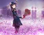 bad_id black_hair bouquet building city closed_eyes eyes_closed flower flowers jname long_sleeves original pantyhose petals rose smile solo striped striped_legwear thighhighs 