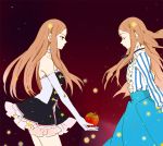  apple bare_shoulders brown_eyes brown_hair choker closed_eyes dual_persona elbow_gloves eyes_closed food fruit gloves long_hair long_skirt mameko mawaru_penguindrum multiple_girls no_hat no_headwear princess_of_the_crystal skirt star striped takakura_himari white_gloves 