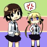  2girls anger_vein angry b3 blonde_hair blue_eyes bow brown_eyes brown_hair hair_bow hand_on_hip hands_on_hips kill_me_baby long_hair looking_away multiple_girls necktie open_mouth oribe_yasuna purple_eyes school_uniform shaded_face short_hair skirt smile sonya_(kill_me_baby) sweat sweatdrop twintails veins 