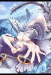  bare_legs barefoot bird black_hair breasts cleavage cloud dress foreshortening hand_on_forehead hands heterochromia highres large_breasts leg_garter letterboxed long_hair lying on_back original outstretched_hand ruins sky solo strapless_dress sts upside-down water 