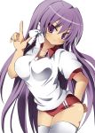  blush breasts clannad fujibayashi_kyou gym_uniform hair_ornament jontake large_breasts long_hair pointing pointing_up purple_eyes purple_hair smile solo thigh-highs thighhighs very_long_hair violet_eyes 