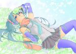  blue_eyes blue_hair detatched_sleeves earmuffs grass hand_on_forehead hatsune_miku lying mittens necktie on_back open_mouth pink_scarf scarf skirt tagme tight-highs vocaloid 