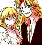  2girls bare_shoulders blazer blonde_hair casual contemporary cross formal grin hoshiguma_yuugi jewelry mizuhashi_parsee multiple_girls necklace pointy_ears rex_k sketch smile touhou 