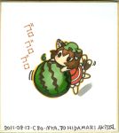  animal_ears bad_id brown_hair cat_ears cat_tail chen chibi food fruit hat holding holding_fruit marker_(medium) multiple_tails shikishi short_hair simple_background solo tail takamoto_akisa touhou traditional_media watermelon 