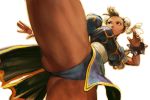  ass bracelet breasts brown_eyes brown_hair bun_cover capcom chun-li double_bun high_kick jewelry kicking large_breasts okojo pantyhose short_hair simple_background solo spiked_bracelet spikes street_fighter street_fighter_ii thick_thighs thighs 