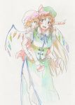  bad_id blonde_hair bow braid brown_hair colored_pencil_(medium) dress flandre_scarlet hair_bow hat hong_meiling long_hair multiple_girls open_mouth piggyback pointing red_eyes short_hair smile the_embodiment_of_scarlet_devil touhou traditional_media twin_braids ume_(plumblossom) wings wink 