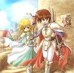  blonde_hair blue_eyes brown_eyes brown_hair cape fire_emblem fire_emblem:_seisen_no_keifu fire_emblem_thracia_776 gloves hand_holding holding_hands lance leaf_(fire_emblem) nanna_(fire_emblem) red-50869 short_hair staff sword weapon 