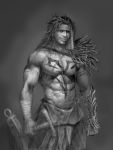  absurdres bandana black_hair capeldonya dissidia_final_fantasy final_fantasy final_fantasy_x grey highres jecht male monochrome muscle realistic shirtless sketch smile solo 