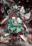  arm_cannon black_hair black_wings bow cape feathers fire glowing ground_shatter hair_bow hatsubasa_sakana highres long_hair open_mouth red_eyes reiuji_utsuho shirt skirt solo sparks third_eye touhou weapon wings 