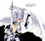 angel_wings armor armored_dress breasts cleavage copyright_request gauntlets helmet purple_hair sheath shirow_(crazy) simple_background solo sword unsheathing valkyrie weapon wings yellow_eyes 
