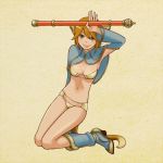  animal_ears armpits bad_id bikini_top blue_eyes brown_hair journey_to_the_west midriff monkey_ears monkey_tail navel panties polearm staff sun_wukong tail underwear weapon yuuhei 