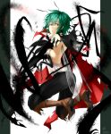  1girl antennae backless_outfit bifrst boots cape green_hair highres insect_wings knee_boots looking_at_viewer pants red_eyes solo torn_cape touhou turning wings wriggle_nightbug 