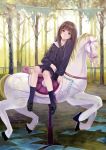  brown_eyes brown_hair carousel fukahire_sanba highres horse loafers long_hair mary_janes original red_eyes shoes sitting skirt solo 