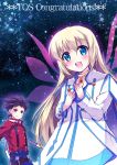  1boy 1girl akamomo black_hair blonde_hair blue_eyes blush brown_eyes choker colette_brunel congratulations copyright_name jacket lloyd_irving long_hair skirt smile suspenders tales_of_(series) tales_of_symphonia wings 