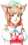  animal_ears bow bust cat_ears chen colored_pencil earrings hat jewelry lips pencil short_hair smile solo touhou traditional_media twinkle-journey 