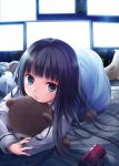  black_hair blue_eyes can computer dr_pepper itou_nanami kami-sama_no_memo-chou kamisama_no_memochou long_hair looking_at_viewer lying monitor object_hug on_side open_mouth shionji_yuuko soda_can solo stuffed_animal stuffed_toy teddy_bear 