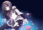  akemi_homura argyle argyle_legwear black_hair flower hairband long_hair magical_girl mahou_shoujo_madoka_magica miyasu_risa pantyhose petals pink_rose purple_eyes ribbon rose solo torn_clothes torn_pantyhose violet_eyes water 