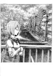  bag city closed_eyes comic crossover crosswalk eyes_closed graphite_(medium) lamppost mahou_shoujo_madoka_magica miki_sayaka monochrome nobita railing road school_uniform short_hair solo traditional_media tree 