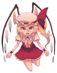  ascot blonde_hair bow brown_eyes cream_(nipakupa) dress fangs flandre_scarlet hat hat_bow open_mouth red_eyes short_hair side_ponytail simple_background skirt skirt_set smile solo the_embodiment_of_scarlet_devil touhou white_background wings wrist_cuffs 