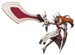  breastplate gauntlets hair_ornament high_heels league_of_legends leona_(league_of_legends) long_hair metal open_mouth orange_eyes orange_hair outstretched_arms pikaboots shield shoes sword teeth transparent_background weapon 