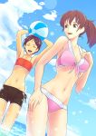  2girls bikini brown_eyes brown_hair duo hairpins happy juuho original ponytail short_hair sky swimsuit water wet 