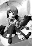  animal blush cat long_hair monochrome seifuku sitting smile thigh-highs umbrella 