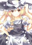  apron blonde_hair bow braid hair_bow hand_on_hat hand_on_hip hat hat_bow hips kirisame_marisa long_hair mizu_(nonbiri) open_mouth solo touhou witch witch_hat yellow_eyes 