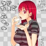  :t breasts character_name checkered checkered_background chibi_inset dated eating egg food large_breasts mori_hikiko open_mouth original red_eyes red_hair redhead shirt solo striped striped_shirt sweatdrop teriyaki translation_request 