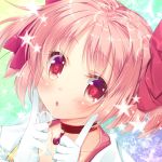  blush bow choker close close-up face finger_to_face gloves hair_bow kaname_madoka looking_at_viewer mahou_shoujo_madoka_magica mitsumomo_mamu open_mouth pink_eyes pink_hair short_twintails solo source_request star twintails 