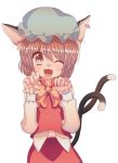  animal_ears blush bow brown_eyes brown_hair bust cat_ears cat_pose cat_tail chen cream_(nipakupa) earrings fang hat jewelry multiple_tails open_mouth paw_pose short_hair simple_background single_earring solo tail touhou white_background wink 