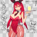  animal_ears beer breasts bunny_ears bunnysuit checkered checkered_background chibi_inset dated detached_collar fishnet_pantyhose fishnets large_breasts mori_hikiko necktie original pantyhose red_eyes red_hair redhead teriyaki thick_thighs thighs translation_request tray wrist_cuffs 