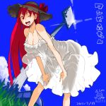  cleavage dress hat large_breasts long_hair mori_hikiko original red_eyes red_hair redhead see-through sky teriyaki white_dress 