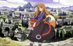  1girl animal_ears apples braid fox_ears fox_tail holo landscape red_eyes ring shirt skirt solo spice_and_wolf tail town vest 