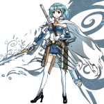  adapted_costume alternate_weapon armband belt blue_eyes blue_hair cape earrings gloves hair_ornament hairclip high_heels highres jewelry magical_girl mahou_shoujo_madoka_magica miki_sayaka scabbard sheath shoes short_hair smile solo sword teralimit weapon 