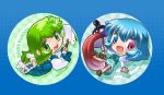  blue_eyes blue_hair chibi detached_sleeves frog geta gohei green_eyes green_hair hair_ornament heterochromia karakasa_obake kochiya_sanae long_hair mizuki_hitoshi multiple_girls open_mouth red_eyes short_hair skirt smile snake tatara_kogasa tongue touhou umbrella 