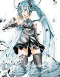 aqua_eyes aqua_hair detached_sleeves hatsune_miku headphones long_hair necktie open_mouth saihate_(artist) simple_background skirt solo thigh-highs thighhighs twintails very_long_hair vocaloid wading water 