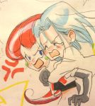  anger_vein angry blue_eyes blue_hair blush closed_eyes e_ma earrings elbow_gloves eyes_closed gloves highres hug hug_from_behind jewelry kojirou_(pokemon) lipstick long_hair midriff musashi_(pokemon) navel open_mouth pokemon pokemon_(anime) red_hair short_hair team_rocket tears 