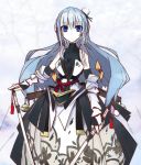  bare_shoulders bell blue_eyes blue_hair breasts bridal_gauntlets cleavage detached_sleeves dual_wielding hair_ribbon jingle_bell katana long_hair original ribbon solo sword vane weapon 