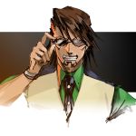  adjusting_glasses adjusting_sunglasses bracelet brown_eyes brown_hair bust facial_hair glasses grin hat ikuyoan jewelry kaburagi_t_kotetsu male necktie short_hair smile smirk solo stubble sunglasses tiger_&amp;_bunny vest waistcoat 