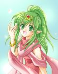  chiki fire_emblem fire_emblem:_mystery_of_the_emblem green_eyes green_hair jewelry open_mouth petals ponytail solo tiara 