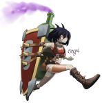  bandage black_hair boots bottle breasts gas genderswap league_of_legends mask metal pikaboots pouch purple_eyes running shield short_hair singed spikes tank_top transparent_background violet_eyes 