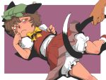  animal_ears between_legs bloomers brown_eyes brown_hair cat_ears cat_tail chen child earrings hat holding_another's_tail jewelry lying multiple_tails on_back onigashira_rin onikobe_rin orange_eyes skirt slit_pupils solo tail tail_between_legs tail_grab touhou 