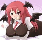  bat_wings blush breast_hold breasts dress_shirt fang head_wings koakuma large_breasts long_hair lying necktie on_stomach oro_(zetsubou_girl) red_eyes red_hair shirt solo the_embodiment_of_scarlet_devil touhou vest wings 