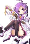  1girl ahoge aisha_(elsword) black_legwear bow brooch coat elsword gloves jewelry panties poseich purple_hair ribbon shoes short_hair smile solo staff thighhighs underwear violet_eyes white_background white_panties 