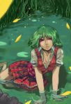  all_fours barefoot breasts cleavage green_hair john_marica kazami_yuuka lips nature partially_submerged petals plaid plaid_skirt plaid_vest red_eyes short_hair skirt solo submerged touhou vest water wet wet_clothes youkai 
