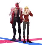  2boys barnaby_brooks_jr blonde_hair boots glasses green_eyes hand_on_hip hips jacket jewelry multiple_boys nbtkm necklace power_armor power_suit superhero tiger_&amp;_bunny 