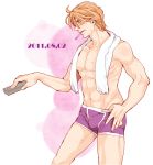  1boy bad_id blonde_hair blue_eyes blush boxers controller keith_goodman male muscle remote_control short_hair solo tiger_&amp;_bunny towel underwear zihad 